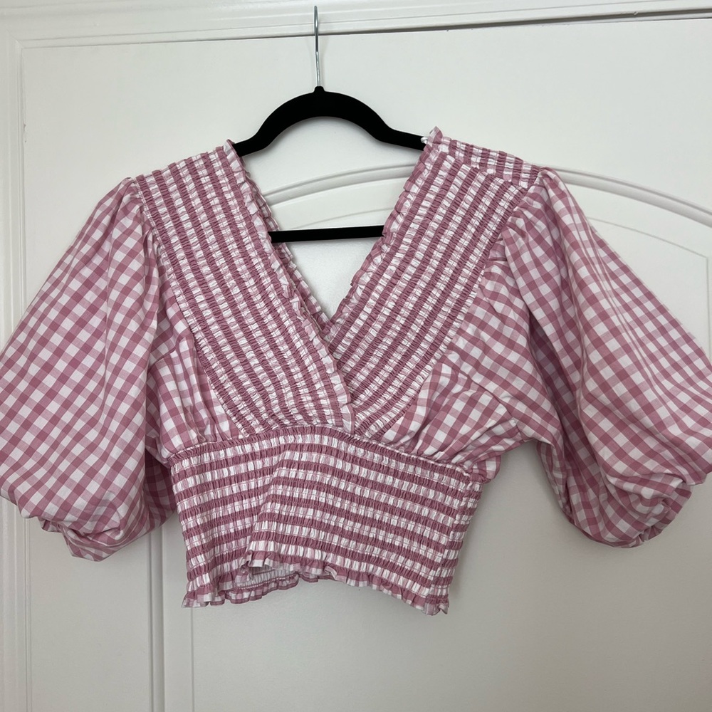 Abercrombie Puff Sleeve Gingham Ruched Top